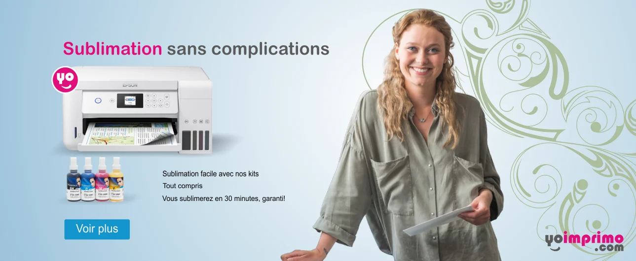 Imprimante à sublimation Epson avec kit complet pour commencer la sublimation en 30 minutes. Comprend des encres Sublinova, un profil de couleur ICC, une pellicule de sublimation, un papier de protection et une bande thermique.